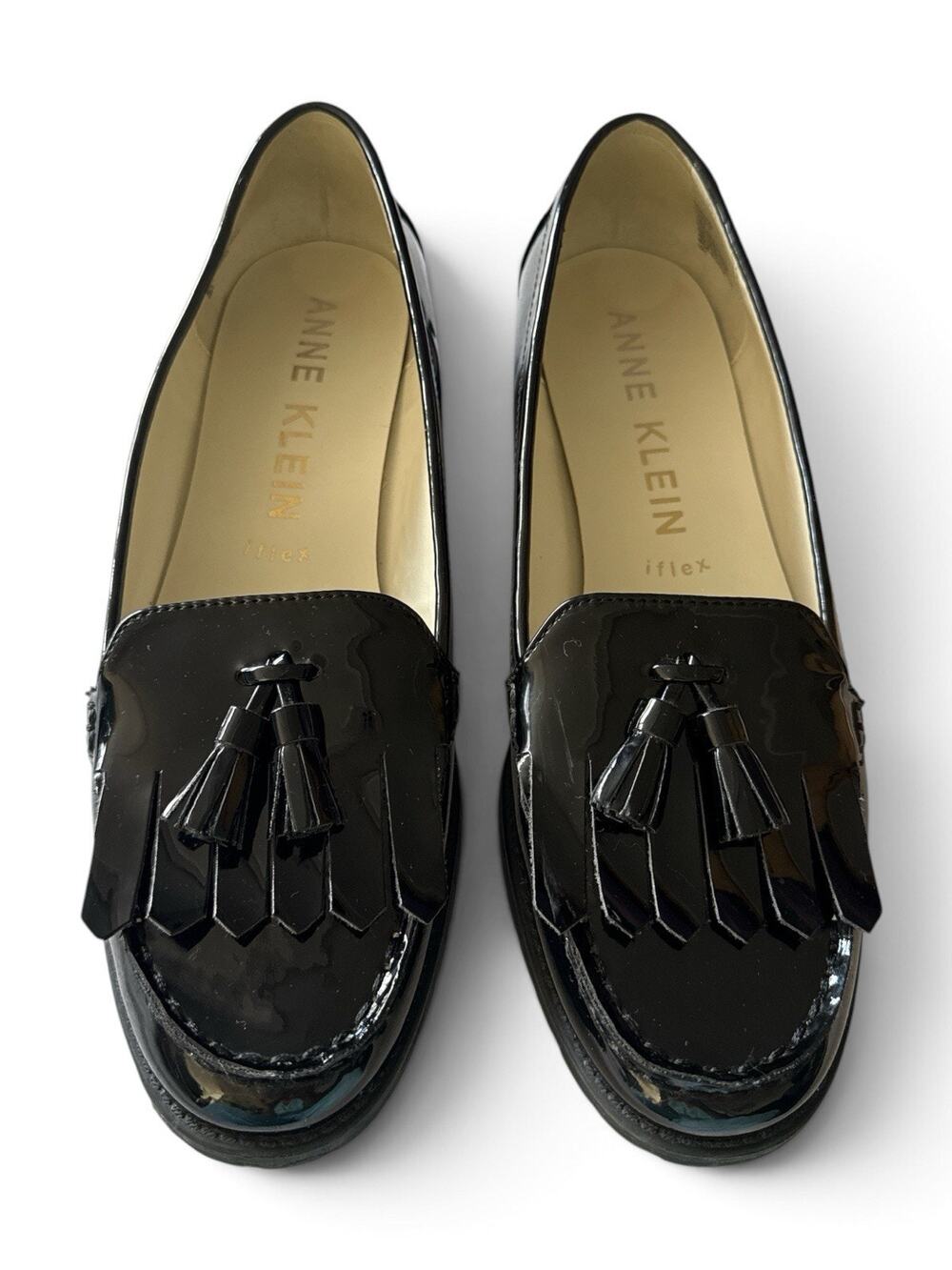 Anne Klein iFlex Black Patent Leather Loafers Tassel Slip-On Flats Batilda 10M